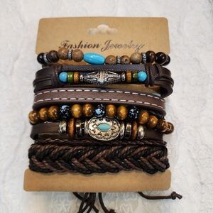 6 Stackable Western Cowboy Style Beaded Adjustable Bracelets-Unisex
